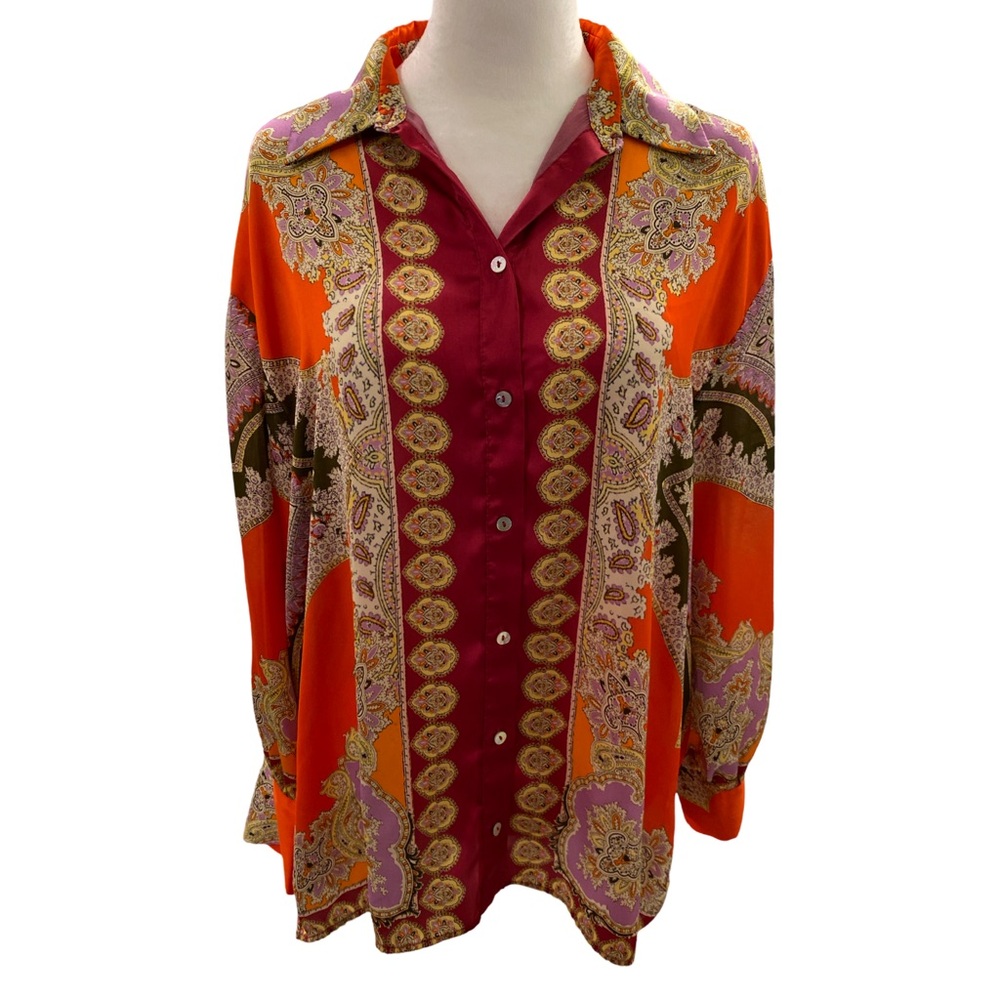 ZARA Boho Satin Paisley Button Up Whimsical Colorful Print Blouse